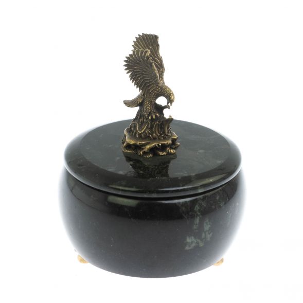 Шкатулка круглая &amp;quot;Орел&amp;quot; из черного змеевика 10,5х10,5х13,5 см 129086