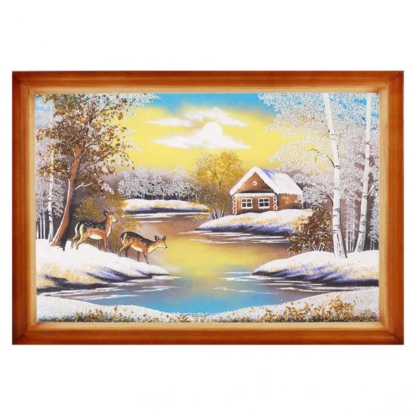 Картина &amp;quot;Косули у домика&amp;quot; багет дерево 46х66 см, каменная крошка 112443