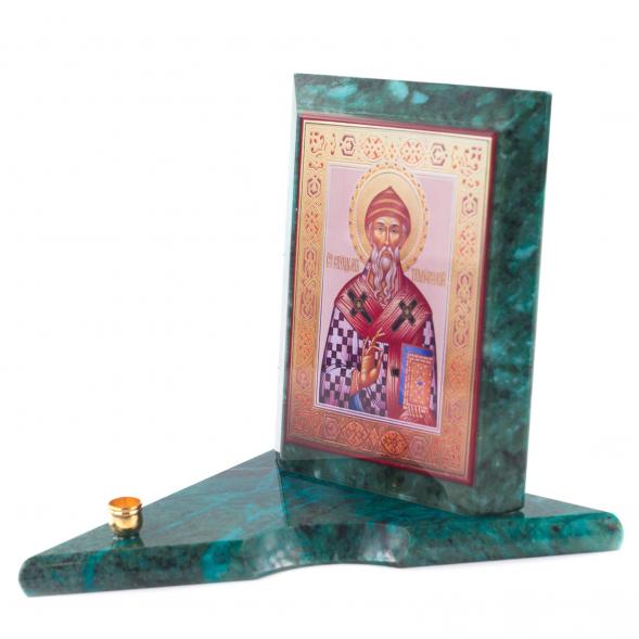 Икона с подсвечником Спиридон Тримифунтский из змеевика средняя 120979
