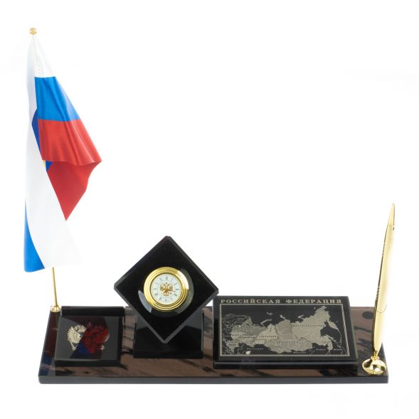 Письменный набор &amp;quot;Куб с картой РФ&amp;quot; камень черный обсидиан 128348