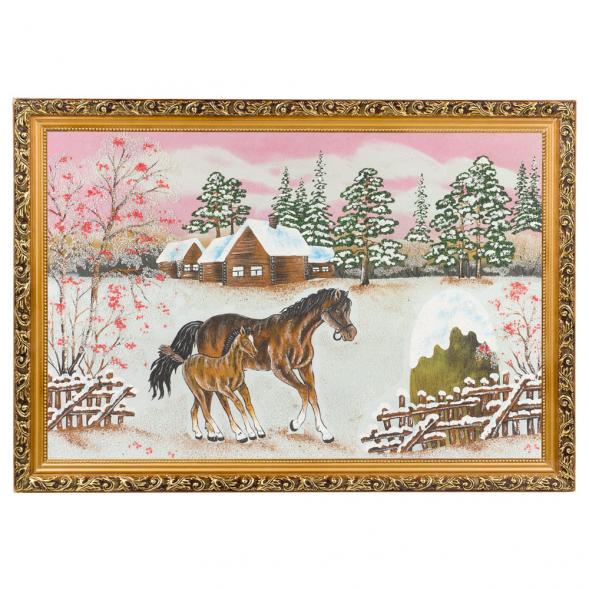 Картина &amp;quot;Лошадь с жеребенком&amp;quot; багет 46х66 см, каменная крошка 119312