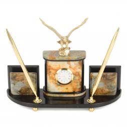 Настольный набор &amp;quot;Гордый орел&amp;quot; из камня офиокальцит с бронзой