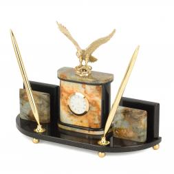 Настольный набор &amp;quot;Гордый орел&amp;quot; из камня офиокальцит с бронзой