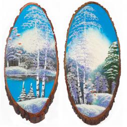 Панно на срезе дерева &amp;quot;Зима&amp;quot; вертикальное 85-90 см каменная крошка