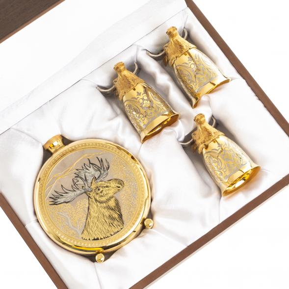 Подарочный набор &amp;quot;Лось&amp;quot; фляжка и 3 стопки перевертыша Златоуст 123681