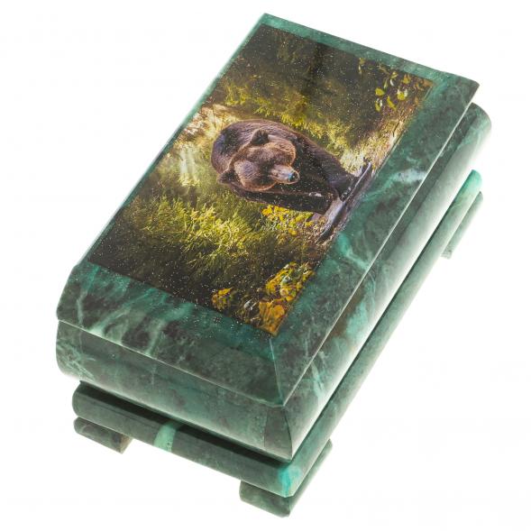 Шкатулка с иллюстрацией &amp;quot;Медведь в еловом лесу&amp;quot; камень змеевик 17,5х9,5х7,5 см 124034