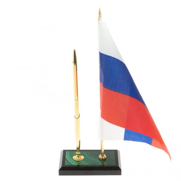 Подставка под ручку с флагом РФ из малахита 11х6х25 см 129528
