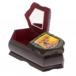 Шкатулка с двумя отсеками "Хозяйка медной горы / Домик в зимнем лесу" черный змеевик 20х10х7,5 см