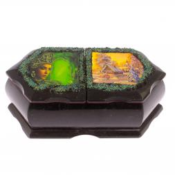 Шкатулка с двумя отсеками "Хозяйка медной горы / Домик в зимнем лесу" черный змеевик 20х10х7,5 см