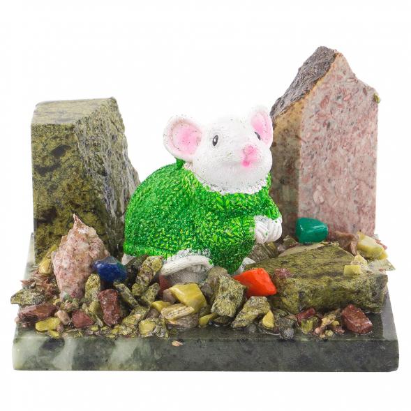 Сувенир &amp;quot;Мышка в зеленом свитере&amp;quot; змеевик самоцветы 120231