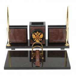 Настольный набор &amp;quot;Офисный&amp;quot; с гербом РФ из камня лемезит