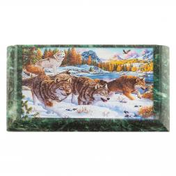 Шкатулка с иллюстрацией "Стая волков" камень змеевик 17,5х9,5х7,5 см