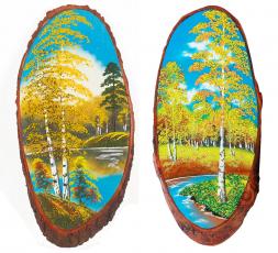 Панно на срезе дерева &amp;quot;Осень&amp;quot; вертикальное 55-60 см каменная крошка