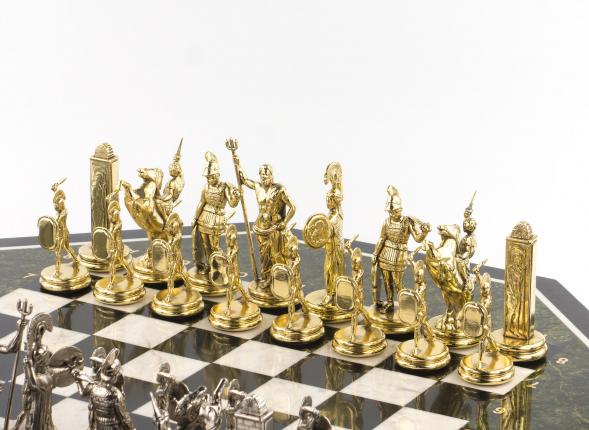 Шахматный стол из камня &amp;quot;Греческая мифология&amp;quot; мрамор змеевик фигуры металл 119430