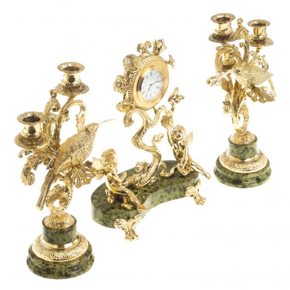 Каминные часы &amp;quot;Ангелы&amp;quot; с канделябрами бронза камень змеевик 122671
