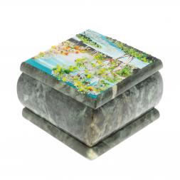 Шкатулка &amp;quot;Весенний пейзаж&amp;quot; камень змеевик 10х10х7 см