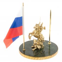 Статуэтка &amp;quot;Георгий Победоносец&amp;quot; с флагом РФ на нефрите 20х20х27 см