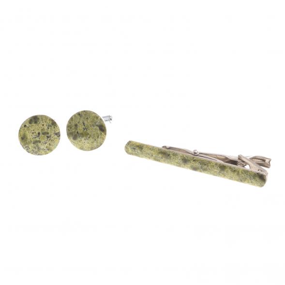 Набор запонки круглые и зажим для галстука камень змеевик 124454