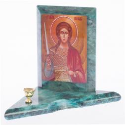 Икона с подсвечником Архангел Михаил малая змеевик 9,5х9,5х10 см