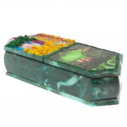 Шкатулка на два отделения "Хозяйка медной горы и осенний пейзаж" из змеевика 29х11,5х7 см