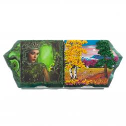 Шкатулка на два отделения "Хозяйка медной горы и осенний пейзаж" из змеевика 29х11,5х7 см