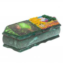 Шкатулка на два отделения "Хозяйка медной горы и осенний пейзаж" из змеевика 29х11,5х7 см