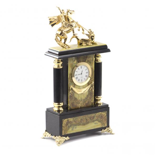 Каминные часы из камня &amp;quot;Святой Георгий Победоносец&amp;quot; офиокальцит бронзовое литье 121559