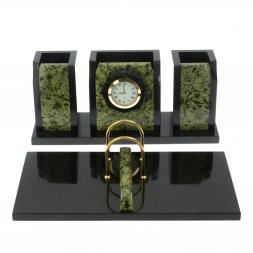 Настольный набор "Грани" камень змеевик с часами