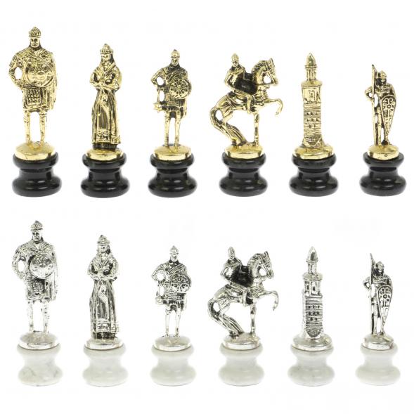 Шахматы &amp;quot;Русь&amp;quot; из мрамора и змеевика на каменных подставках 44х44 см 128512