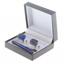 Набор запонки закругленные и зажим для галстука камень лазурит