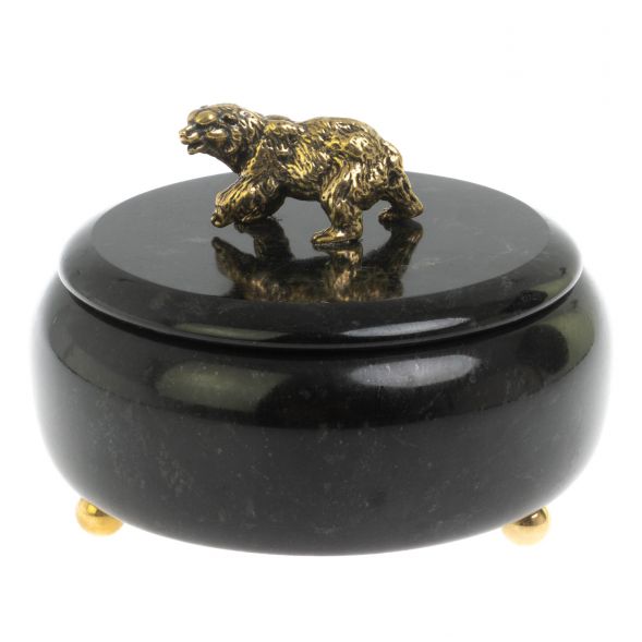 Шкатулка круглая &amp;quot;Медведь&amp;quot; из черного змеевика 15х15х11 см 127892