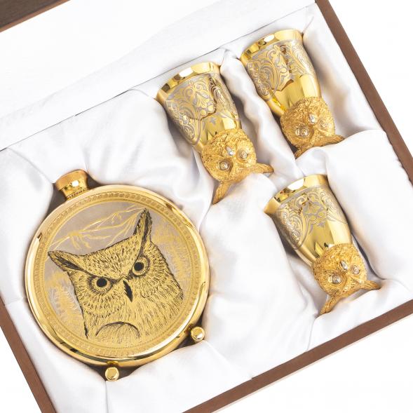 Подарочный набор &amp;quot;Филин&amp;quot; фляжка и 3 стопки перевертыша Златоуст 123697