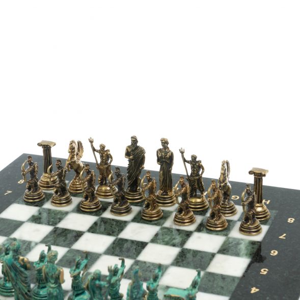 Шахматы &amp;quot;Лучники&amp;quot; фигуры бронза / патина 28х28 см из змеевика и мрамор 128203