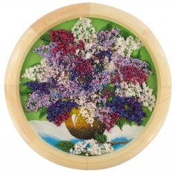 Картина с рисунком из камня &amp;quot;Натюрморт сирень в вазе&amp;quot; на тарелке 40см из дерева