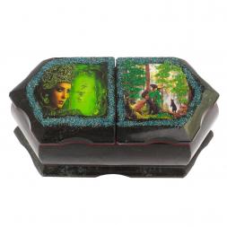 Шкатулка "Хозяйка медной горы / Утро в сосновом лесу" 20х10х7,5 см черный змеевик