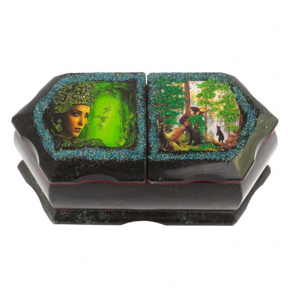 Шкатулка &amp;quot;Хозяйка медной горы / Утро в сосновом лесу&amp;quot; 20х10х7,5 см черный змеевик 125002