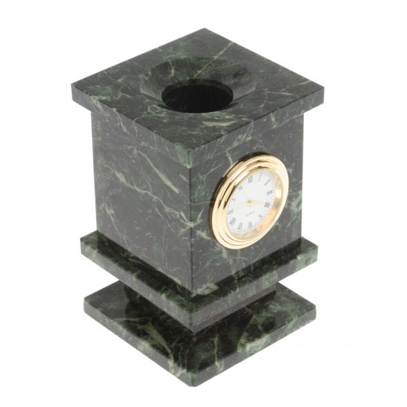 Карандашница из змеевика с часами 7х7х12 см 126869