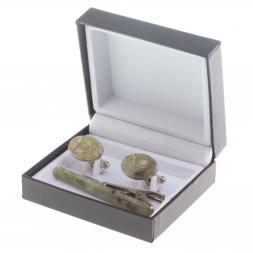 Набор запонки овальные и зажим для галстука камень желтый апатит