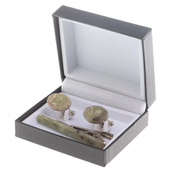 Набор запонки овальные и зажим для галстука камень желтый апатит 124467