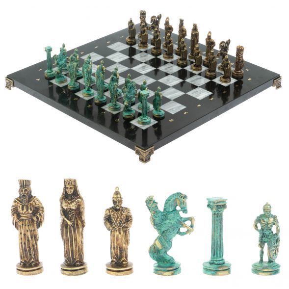Шахматы &amp;quot;Александр Макендонский&amp;quot; фигуры бронза / патина доска 36х36 см серый мрамор 128369