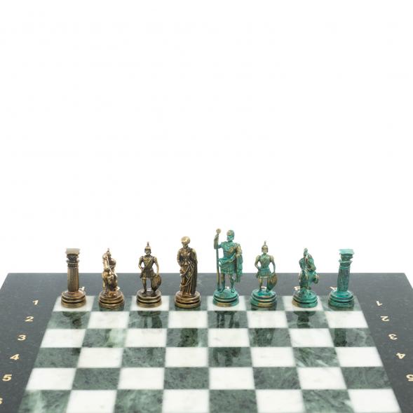 Шахматы &amp;quot;Римские воины&amp;quot; фигуры бронза / патина 28х28 см из мрамора и змеевика 128208