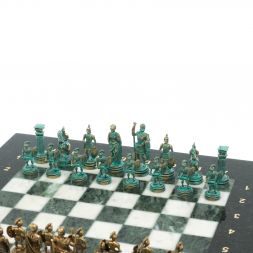 Шахматы &amp;quot;Римские воины&amp;quot; фигуры бронза / патина 28х28 см из мрамора и змеевика