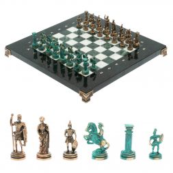 Шахматы &amp;quot;Римские воины&amp;quot; фигуры бронза / патина 28х28 см из мрамора и змеевика