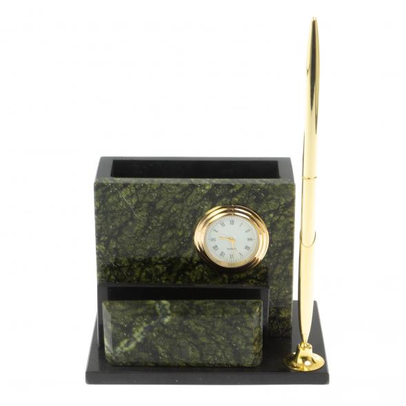 Карандашница с часами камень змеевик 117256