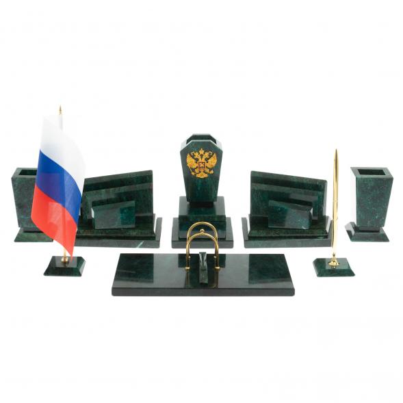 Письменный набор &amp;quot;Бюрократ&amp;quot; камень змеевик с гербом РФ 121389