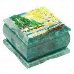 Шкатулка из змеевика рисунок &quot;Весенний пейзаж&quot; 10х10х6,5 см