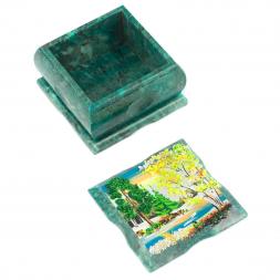 Шкатулка из змеевика рисунок &quot;Весенний пейзаж&quot; 10х10х6,5 см