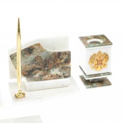 Письменный прибор с гербом и флагом России камень мрамор, офиокальцит