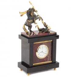 Часы из яшмы с фигуркой из бронзы "Георгий Победоносец"