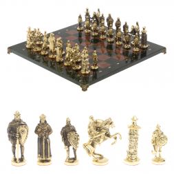 Шахматы "Богатыри" из бронзы доска 44х44 см лемезит змеевик